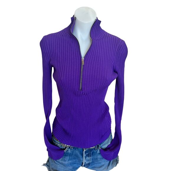 Proenza Schouler Purple Ribbed Zip Sweater Purple SMALL Bodycon Designer $990 - Picture 4 of 11